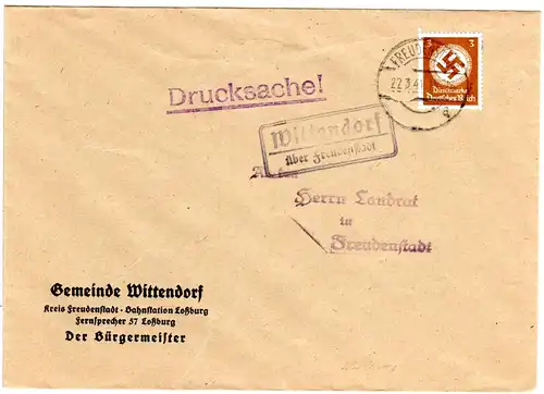 DR 1941, Landpost Stpl. WITTENDORF über Freudenstadt auf Gemeinde Brief m. 3 Pf.