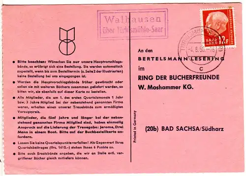 Saarland 1958, Landpost Stpl. WALHAUSEN über Türkismühle auf Karte m. 12 F. 