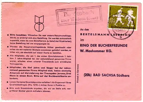 Saarland 1958, Landpost Stpl. BARDENBACH über Wadern auf Karte m. 12 F. 