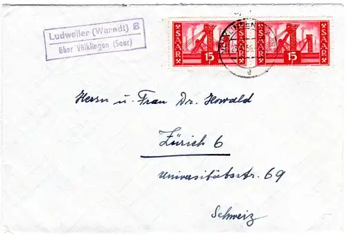 Saarland 1956, Landpost Stpl. LUDWEILER B über Völklingen auf Brief m. MeF 15 F.