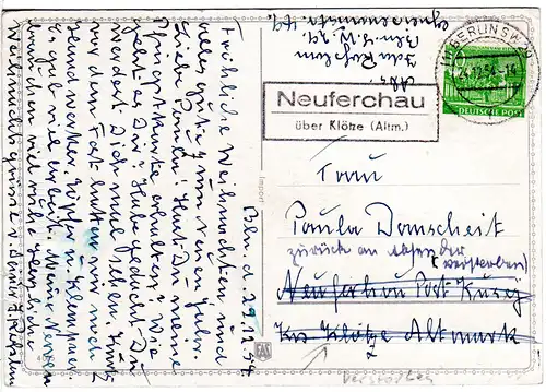 Berlin 1954, Landpost Stpl. NEUFERCHAU über als Ank.Stpl. auf Karte m. 10 Pf.