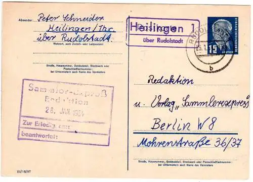 DDR 1954, Landpost Stpl. HEILINGEN 1 über Rudolstadt auf 12 Pf. Ganzsache 