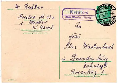 DDR 1957, Landpost Stpl. KRIELOW über Werder auf 5 Pf. Ganzsache 