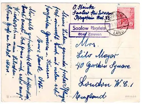 DDR 1956, Landpost Stpl. SAALOW über Zossen auf Karte m. 20 Pf.  n. GB