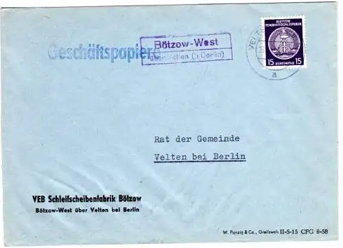 DDR 1954, Landpost Stpl. BÖTZOW-WEST über Velten auf Brief m. 15 Pf. Dienst