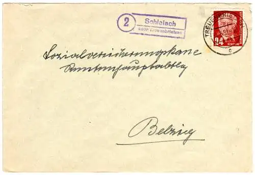 DDR 1951, Landpost Stpl. 2 SCHLALACH über Treuenbrietzen auf Brief m. 24 Pf.