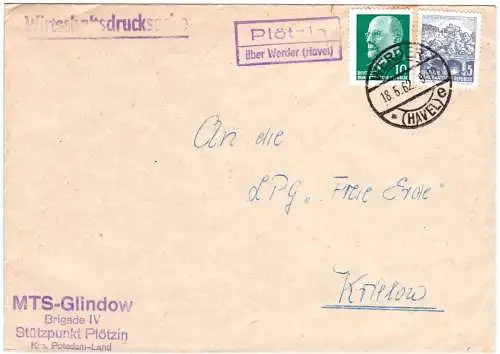 DDR 1962, Landpost Stpl. PLÖTZIN über Werder auf Drucksache Brief m. 5+10 Pf.