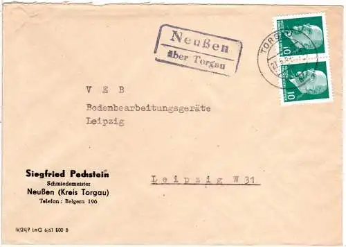 DDR 1963, Landpost Stpl. NEUSSEN über Torgau auf Firmen Brief m. Paar 10 Pf.