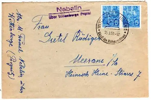 DDR 1959, Landpost Stpl. NEBELIN über Wittenberge auf Brief m. Paar 10 Pf.
