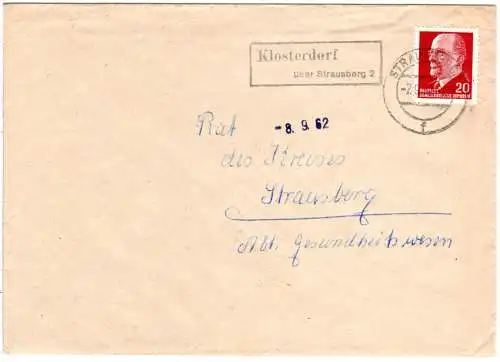 DDR 1962, Landpost Stpl. KLOSTERDORF über Strausberg 2 auf Brief m. 20 Pf.