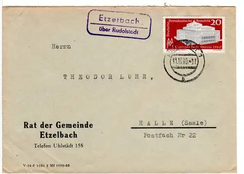 DDR 1960, Landpost Stpl. ETZELBACH über Rudolstadt auf Gemeinde Brief m. 20 Pf.