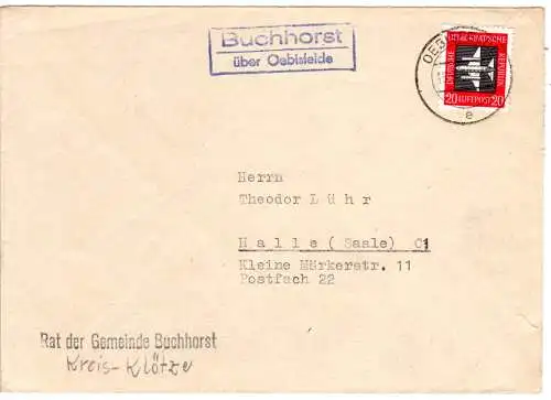 DDR 1959, Landpost Stpl. BUCHHORST über Oebisfelde auf Gemeinde Brief m. 20 Pf.