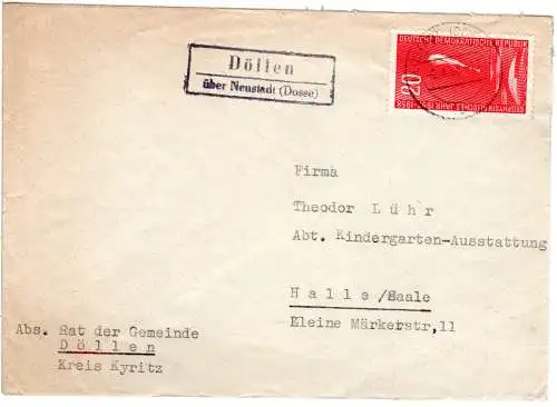 DDR 1958, Landpost Stpl. DÖLLEN über Neustadt (Dosse) auf Brief m. 20 Pf.