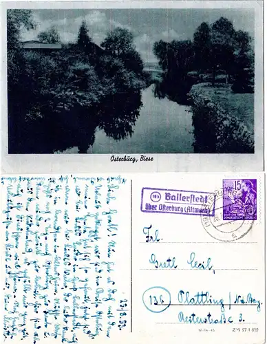DDR 1953, Landpost Stpl. BALLERSTEDT über Osterburg auf sw-AK m. 15 Pf. i.d. BRD
