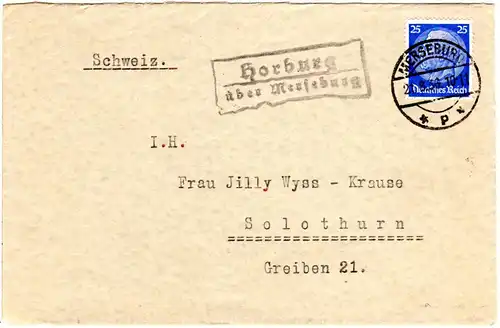 DR 1936, Landpost Stpl. HORBURG über Merseburg auf Brief m. 25 Pf. i.d. Schweiz