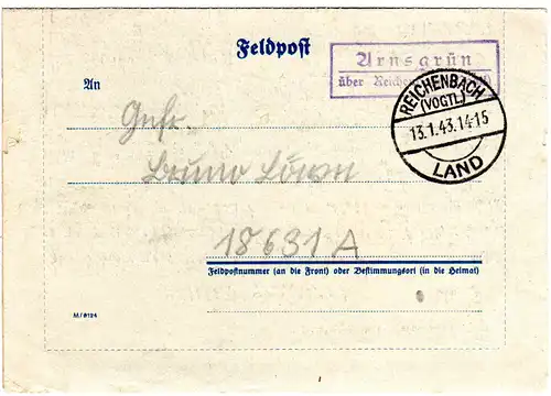 DR 1943, Landpost Stpl. ARNSGRÜN über Reichenbach auf Feldpost Brief 