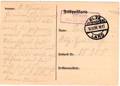 DR 1939, Landpost Stpl. HEINUM über Elze auf Feldpost Karte 