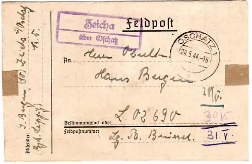 DR 1944, Landpost Stpl. ZEICHA über Oschatz auf Feldpost Brief