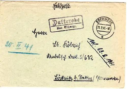 DR 1941, Landpost Stpl. DATTERODE über Eschwege auf Feldpost Brief