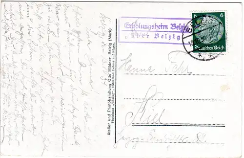 DR 1934, Landpost Stpl. ERHOLUNGSHEIM BELZIG über Belzig auf Karte m. 6 Pf.