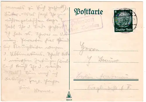 DR 1936, Landpost Stpl. PRINZDORF über Bunzlau auf Karte m. 6 Pf.