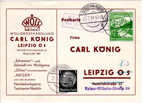 DR 1938, Landpost Stpl. ZIEGELRODE über Klostermansfeld auf Karte m. 1+5Pf.