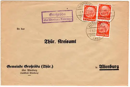 DR 1934, Landpost Stpl. GROSSRÖDA über Altenburg auf Gemeinde Brief m. 3x8 Pf.