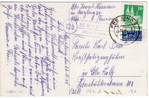 1948, Landpost Stpl. 13b MARZLING über Freising auf Karte m. 10 Pf.+Notopfer