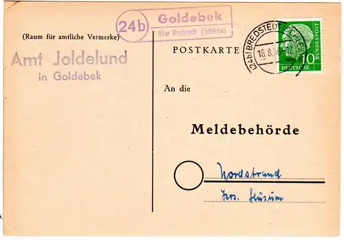 BRD 1956, Landpoststpl. 24b GOLDEBEK über Bredstedt auf Karte m. 10 Pf. 