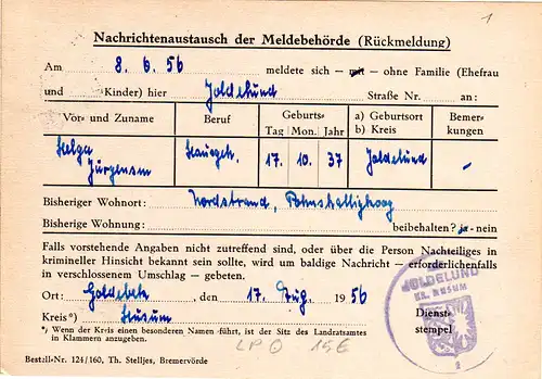 BRD 1956, Landpoststpl. 24b GOLDEBEK über Bredstedt auf Karte m. 10 Pf. 