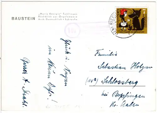 BRD 1960, Landpoststpl. 14b OGGELSHAUSEN über Riedlingen auf Karte m. 7+3 Pf.