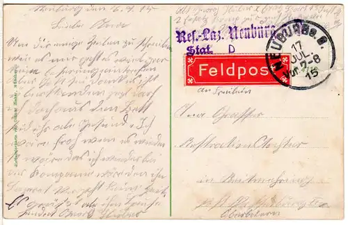 Bayern 1915, Feldpostkarte v. Res.-Laz. Neuburg Stat. D., Dt.-nationale Farb-AK