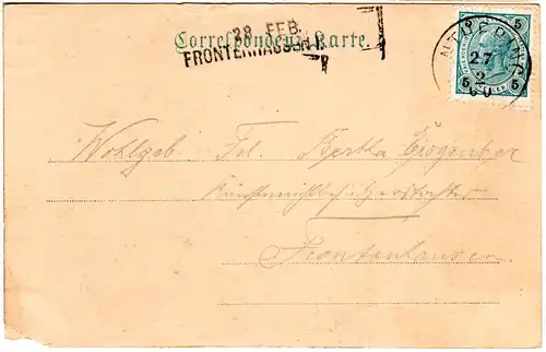 Bayern 1900, Aushilfstempel. FRONTENHAUSEN als Ank.Stpl. auf Österreich-AK