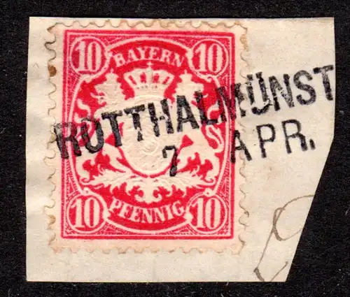 Bayern 49, 10 Pf. auf Briefstück m. L2-Aushilfstempel ROTTHALMÜNSTer 7 APR.