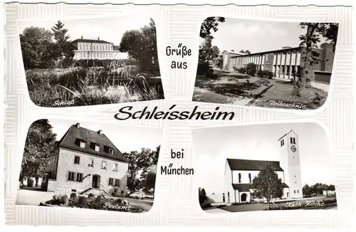 Schleissheim bei München m. Postamt, Volksschule usw., ungebr. Mehrbild sw-AK