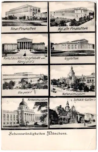 München Sehenswürdigkeiten m. Pinakotheken, Schack-Galerie usw., ungebr. sw-AK 