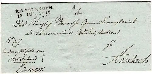 Bayern 1816, L2  R.3. ERLANGEN auf sauberem Brief n. Ansbach.