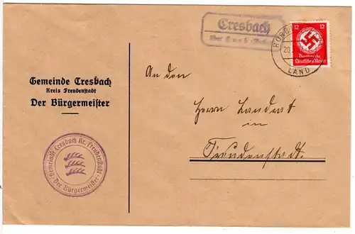 DR 1937, Landpost Stpl. CRESBACH über Horb auf Bürgermeister Brief m. 12 Pf. 