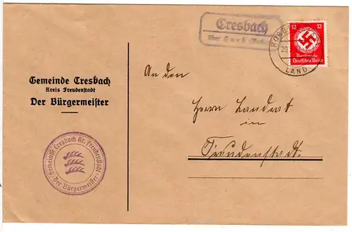 DR 1937, Landpost Stpl. CRESBACH über Horb auf Bürgermeister Brief m. 12 Pf.