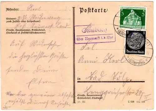 DR 1936, Landpost Stpl. ERASBACH über Neumarkt i.d. Opf. auf Karte m. 5+1 Pf.