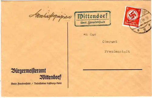 DR 1937, Landpost Stpl. WITTENDORF über Freudenstadt auf Bürgermeister Brief 