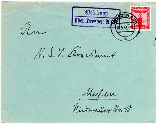 DR 1938, Landpost Stpl. WEISTROPP über Dresden A 21 auf Brief m. 12 Pf. Dienst.