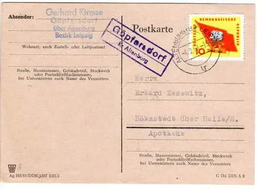 DDR 1963, Landpost Stpl. GÖPFERSDORF über Altenburg auf Karte m. 10 Pf. 