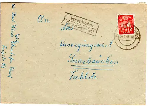Saarland 1951, Landpost Stpl. ETZENHOFEN über Völklingen auf Brief m. 15 F.