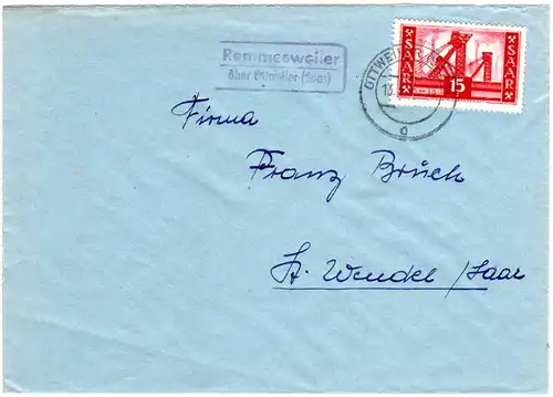 Saarland 1956, Landpost Stpl. REMMESWEILER über Ottweiler auf Brief m. 15 F.