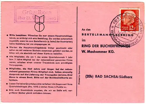 Saarland 1958, Landpost Stpl. GRÜGELBORN über St. Wendel auf Karte m. 12 F.