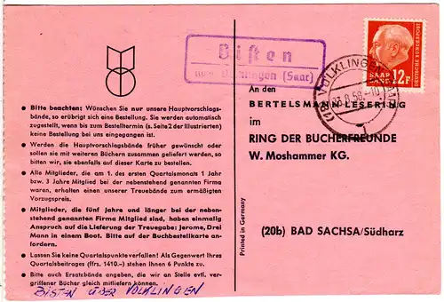 Saarland 1958, Landpost Stpl. BISTEN über Völklingen auf Karte m. 12 F.