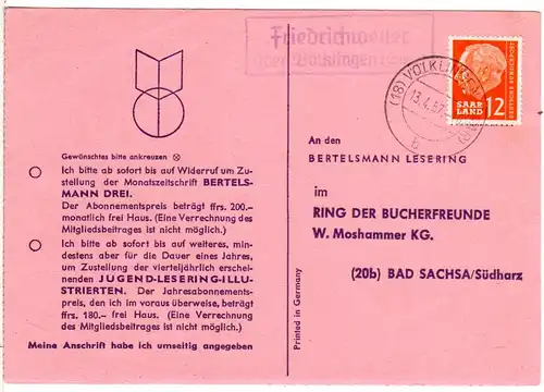 Saarland 1957, Landpost Stpl. FRIEDRICHWEILER über Völklingen auf Karte m. 12 F.