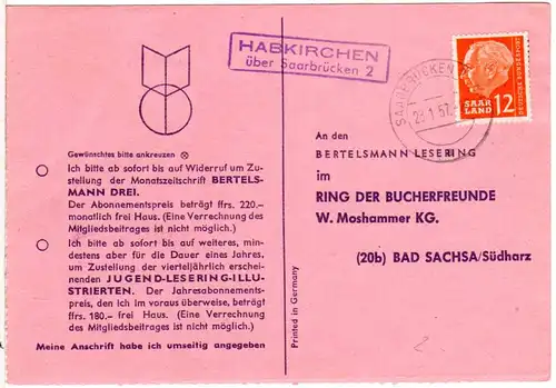 Saarland 1957, Landpost Stpl. HABKIRCHEN über Saarbrücken 2 auf Karte m. 12 F.