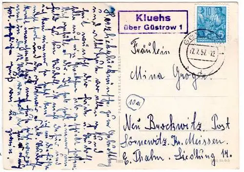 DDR 1957, Landpost Stpl. KLUEHS über Güstrow 1 auf Karte m. 10 Pf.